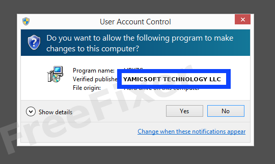 Screenshot where YAMICSOFT TECHNOLOGY LLC appears as the verified publisher in the UAC dialog